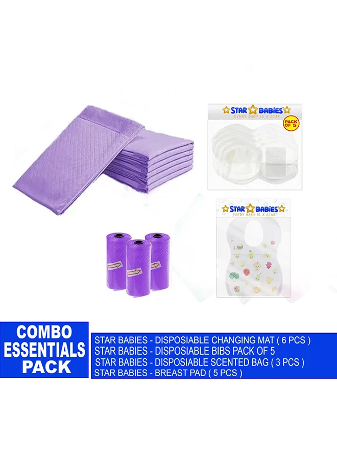 ستار بيبيز Baby Combo Essentials - Changing Mat 6 Pieces, Bibs 5 Pieces, Scented Bag 3 Pieces, Breast Pad 5 Pieces, Lavender